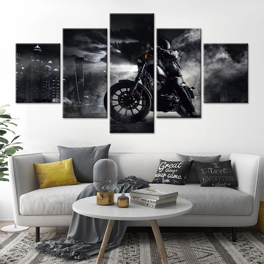 

No Framed 5 Pieces Black White Motorcycle Rider Modular Wall Art Canvas Posters Pictures Paintings Home Decor for Living Room