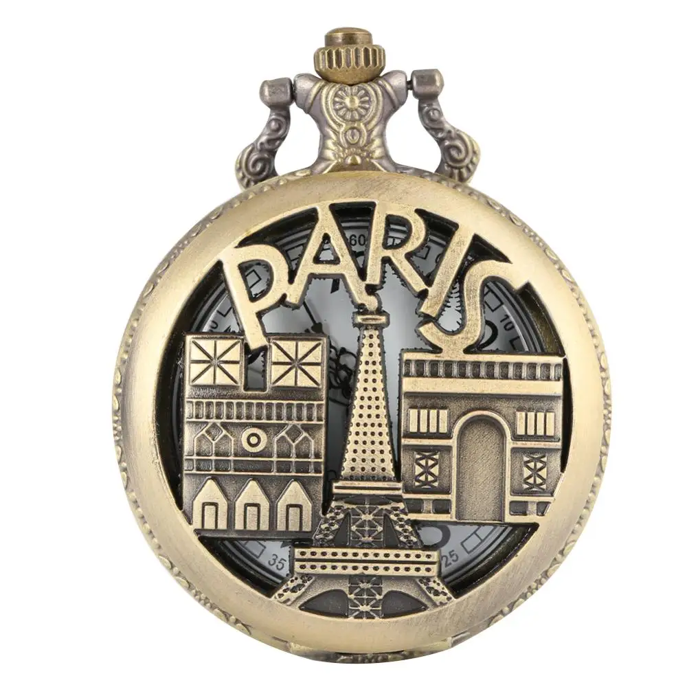 YISUYA Vintage Bronze Paris Quartz Pocket Watch Men Women Necklace Chain Clock Steampunk France Eiffel Tower | Наручные часы