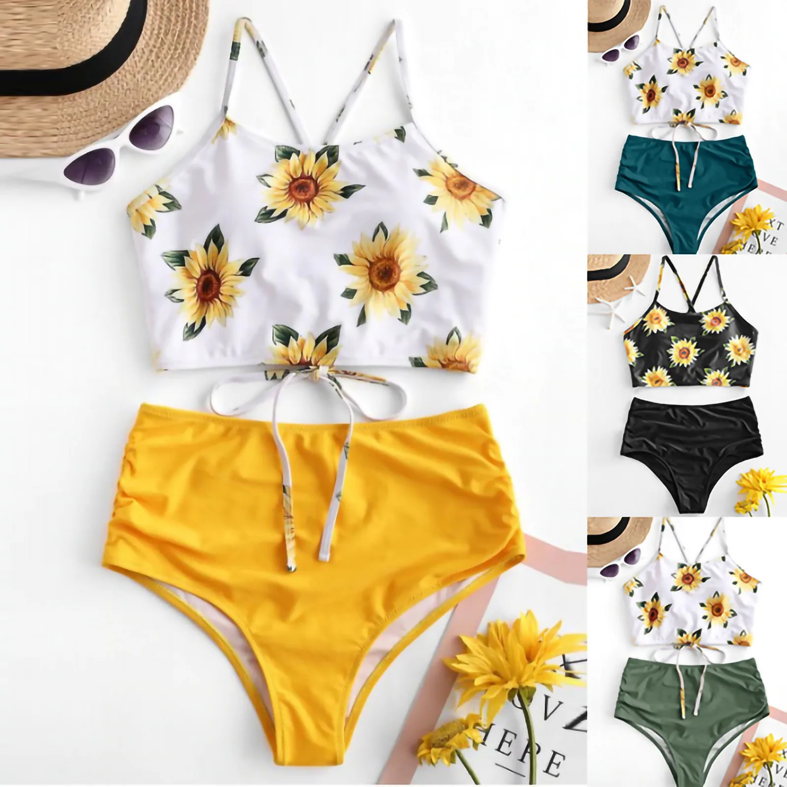 Женское летнее бикини разных цветов пикантное однотонное с высокой талией на