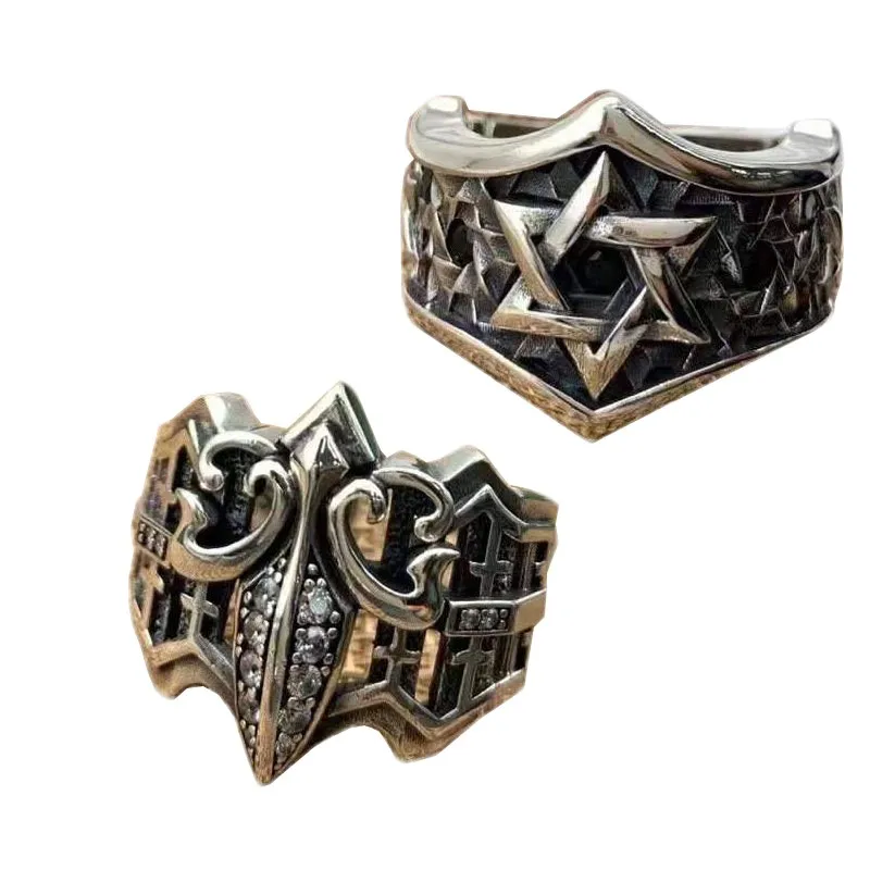 

BOCAI New 2021 Trendy Real Pure S925 Silver Jewelry Six-pointed Star Retro Individuality Punk Fashion Men's Ring