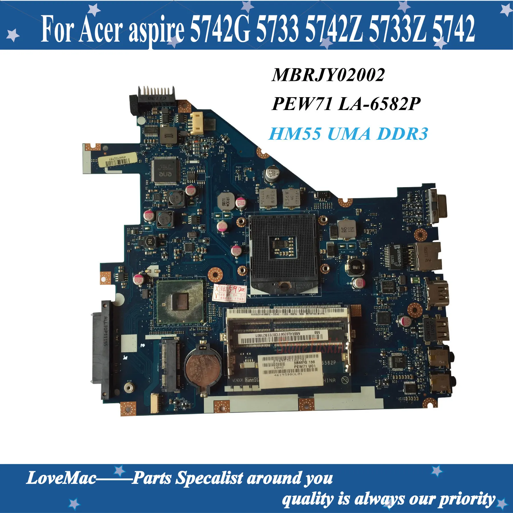 LA 6582P для ноутбука Acer aspire 5742G 5733 5742Z 5733Z 5742 Материнская плата MBRJY02002 PEW71 HM55 UMA DDR3 100%