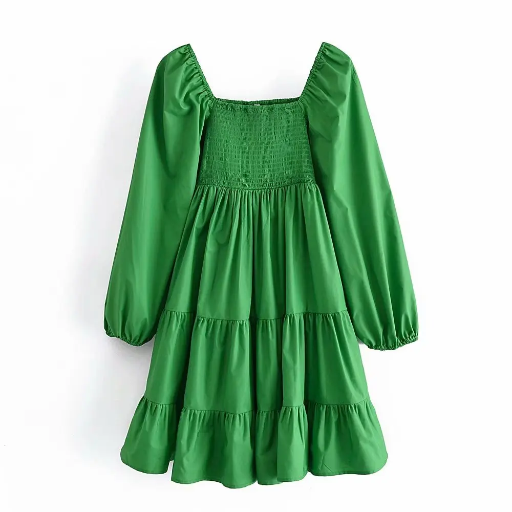 

Women Fashion Smocked Elastic Ruffled Mini Dress Vintage Square Collar Puff Sleeve Female Dresses Vestidos Mujer