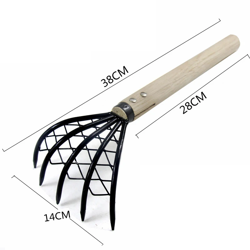 

5-Tine Hand Claw Rake with Wooden Handle Durable Long Lasting Convenient Portable Anti-Rust for Beach Garden HR