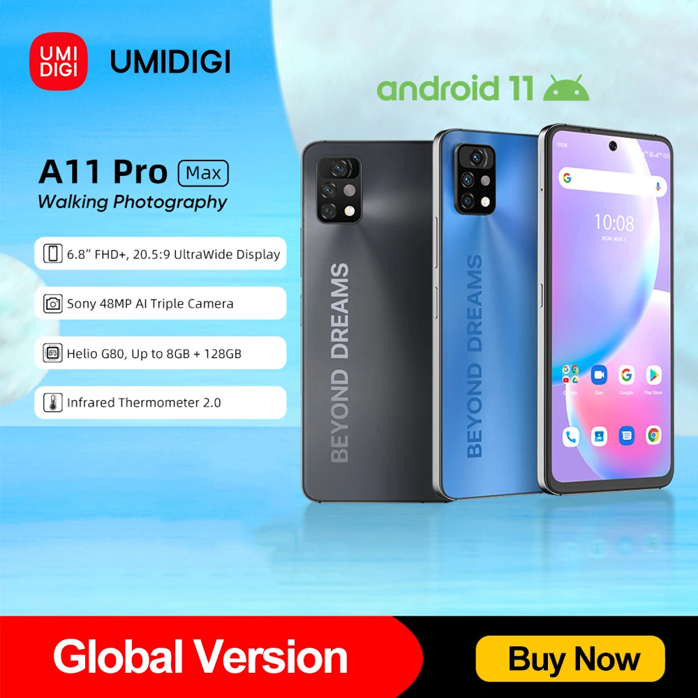 [In Stock] UMIDIGI A11 Pro Max Global Version Android 11 6.8'' FHD+ Display Smartphone 128GB Helio G80 48MP Triple Camera 5150mAh