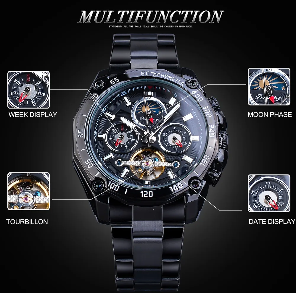 Forsining полностью черные Tourbillon механические часы мужские Moonphase Дата нержавеющая сталь Группа Автоматические наручные часы Erkek Kol Saati