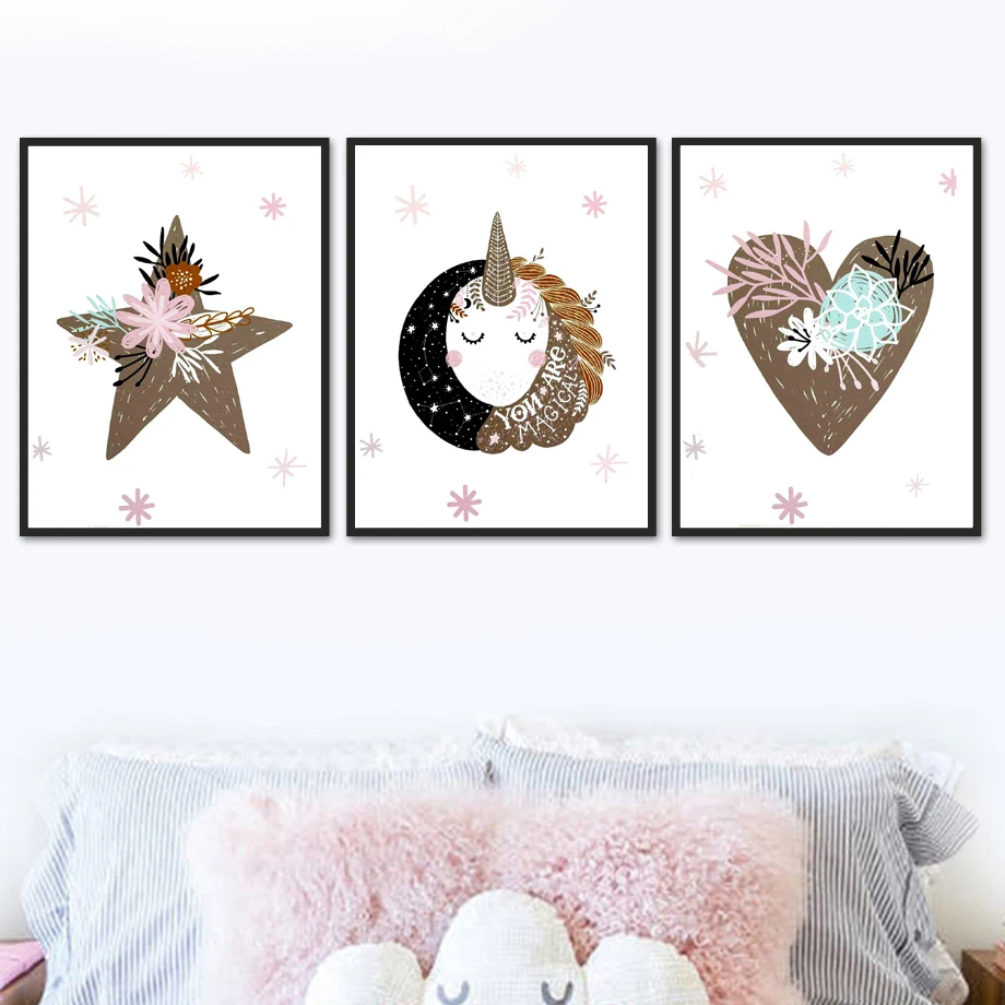

Star Heart Unicorn Flower Plant Color Block Wall Art Canvas Painting Nordic Posters And Prints Wall Pictures For Kids Room Decor