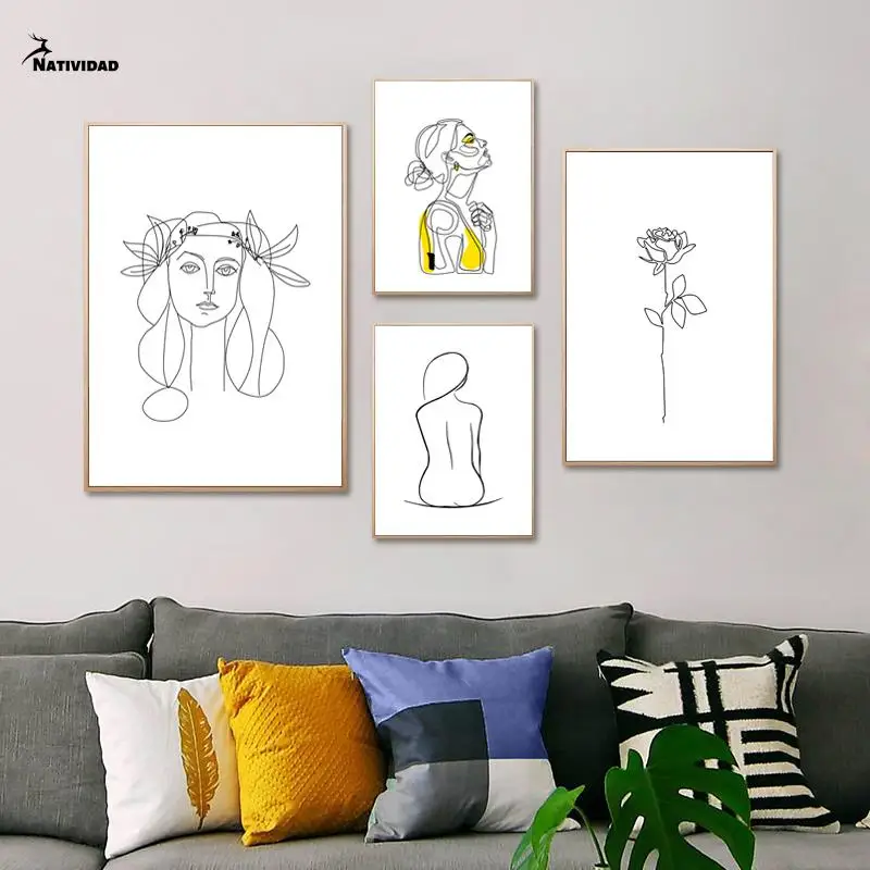 

Abstract Black Line Figure Poster Sexy Lady Hand Flower Line Canvas Art Print Painting Black White Picture for Living Room Decor