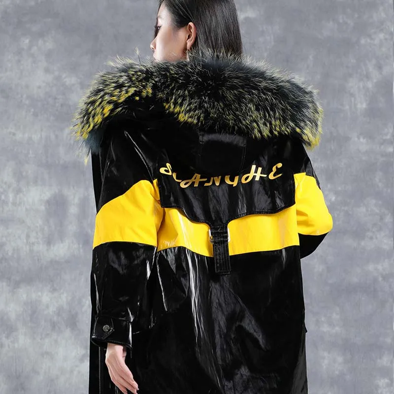 Black Glossy Parkas Women Winter Jacket Hooded Zipper Raccoon Dog Fur Collar Rabbit Fur Coats Fashion Trendy Mid-length Overcoat