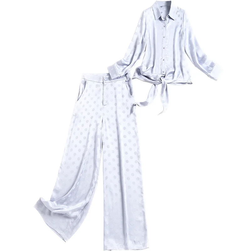 

Women polka dot wide leg pants suit new 2021 spring summer bowknot casual shirts designer two piece set blue beige