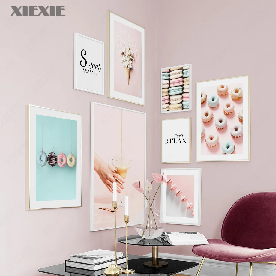 

Macaron Donuts Candy Flower Ice Cream Wall Art Canvas Painting Nordic Posters and Prints Wall Pictures for Living Room Decor
