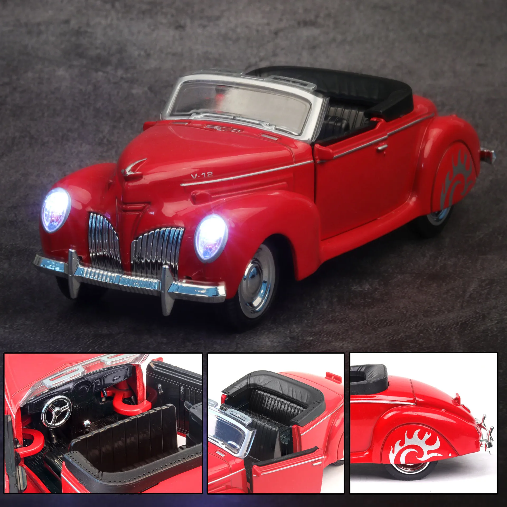 Best selling 1:38 Lincoln convertible classic car alloy model,die-casting sound and light pull back classic car,free shipping images - 6