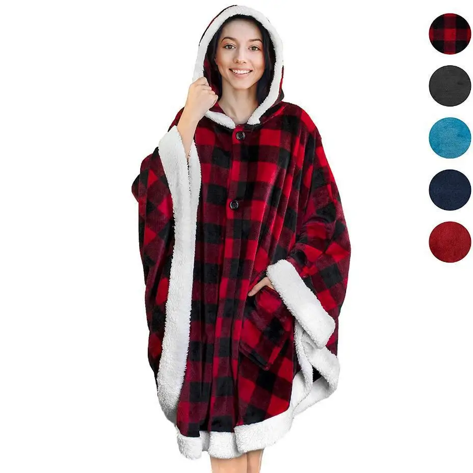 

Oversized Hooded Blanket Soft Warm Winter Hoodies Flannel Plush TV Blanket Wearable Throw Cape with Pockets Cape Blanket
