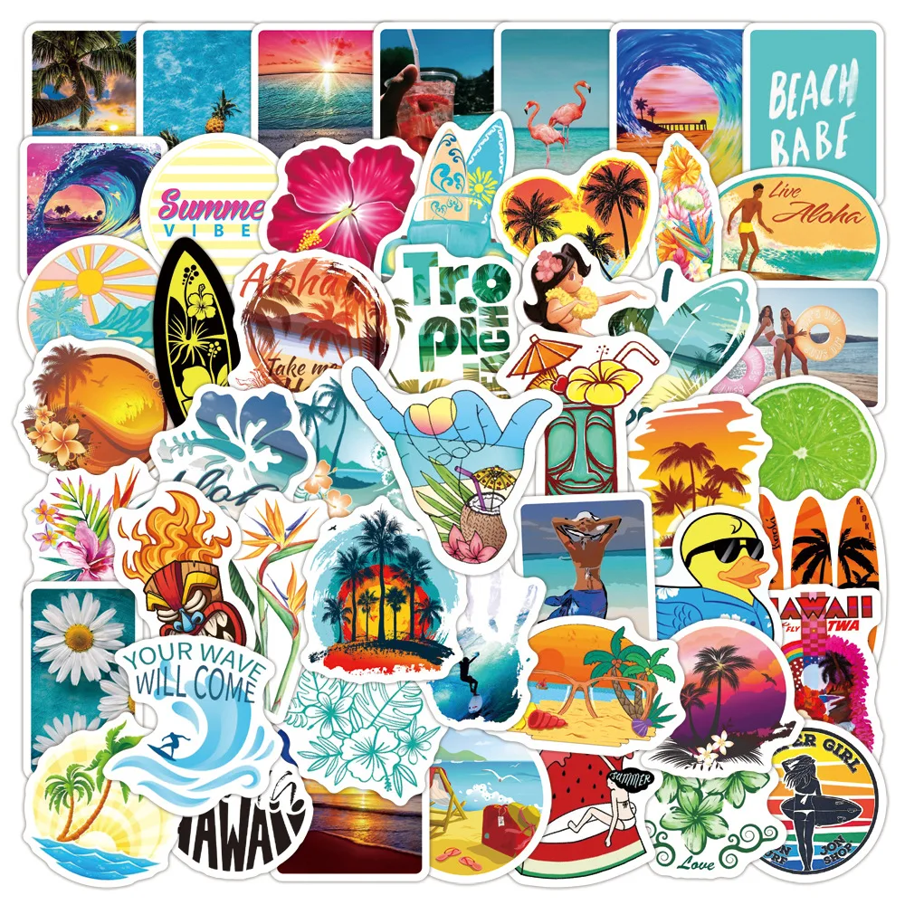 

10/50PCS Summer Hawaii Beach Surfing Stickers Sports Tropical Vinyl Waterproof Sticker to DIY Surfboard Car Bike Travel Suitcase