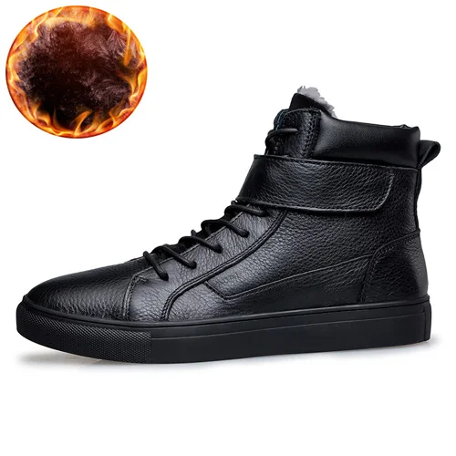 Black with Fur JUNJARM мужские ботинки из натуральной кожи; зимние теплые бархатные ботильоны; Мужская обувь; модные повседневные мотоциклетные ботинки из коровьей кожи; размеры 36-48 - Цвет: Black with Fur
