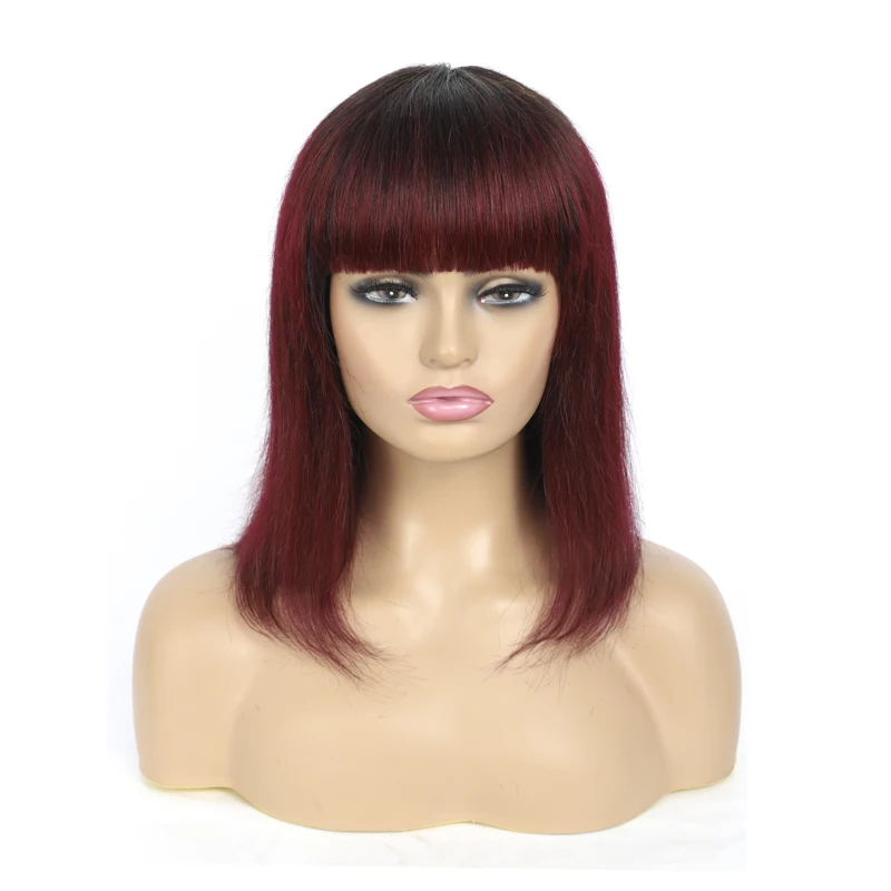 

Human Hair Bob Bangs Wig Short Straight Wigs For Black Women 1B Burg Full Machine Made With Bang Pre Pluck With Baby Hair GOOD