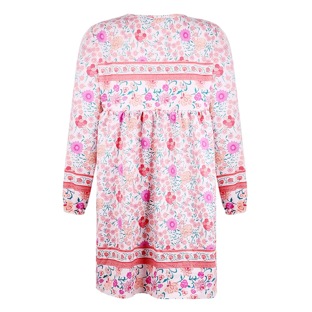 

Vintage Floral Print Dress Women Boho Lantern Long Sleeve Pleated Dresses V Neck Beach Casual Mini Dress Female Roupa Feminina