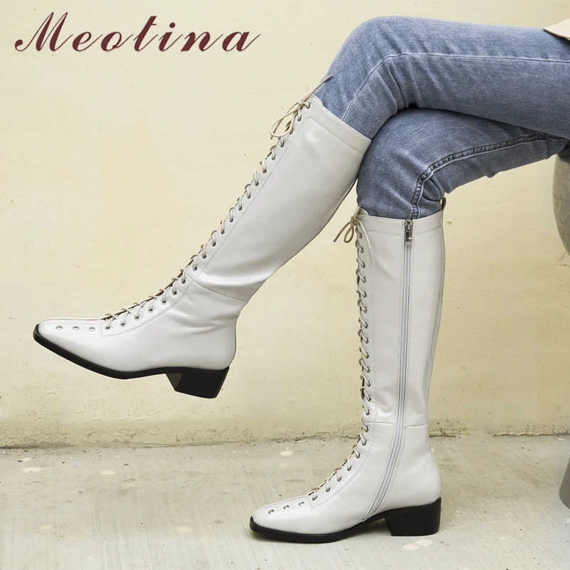 

Meotina Real Leather Mid Heel Knee High Boots Women Shoes Square Toe Lace Up Zip Block Heels Long Boots Autumn Winter Beige 43