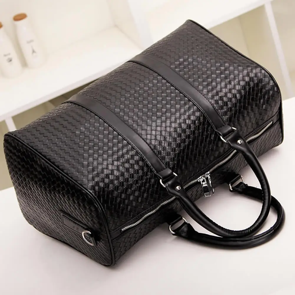 GNWXY Fashion New Woven Travel Bag Large Capacity Black PU Leather Short Trip Luggage Bags Multifunctional Training Bag