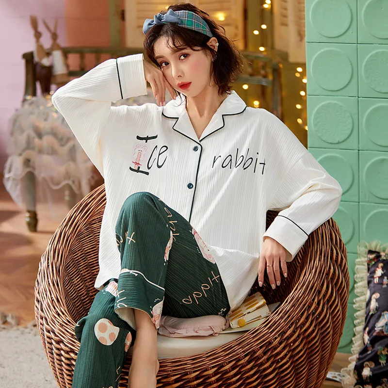 

Korean Autumn Pajamas Sheer Dressing Gown Cartoon Sleepwear Printed Pajamas Women Pajamas Cotton Sleepwear Pajama Set for Women