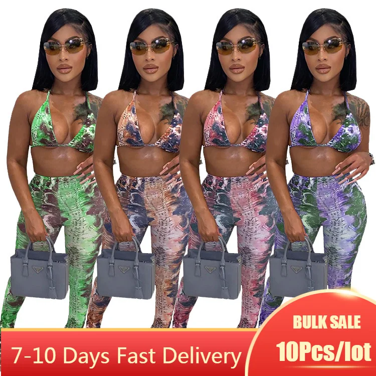 

Bulk Items Wholesale Lots Summer Two Piece Set Snake Print Bra Tops and Slim Long Pants Sets 2021 New Fashion Club Party Outfits