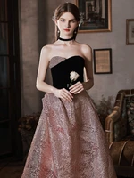 strapless pink formal evening dresses new fashion print slim princess banquet gown retro back bandage long party dress