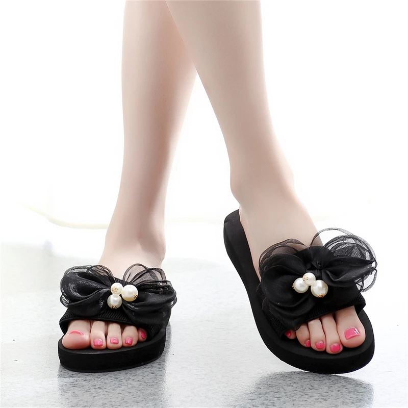 

Butterfly-Knot Big Size Beach Shoes House Slippers Platform On A Wedge Luxury Slides Women Heels Sabot Soft Designer Flat High P