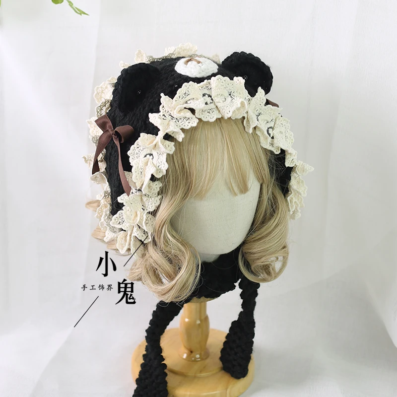 

Japanese Original Handwork Lolita New Cute Bear Ear Wool Cap Soft Sister Sweet Lace Ear Protection Knitting Keep Warm Millinery