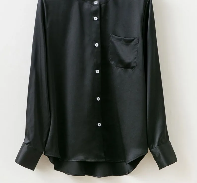 

100% Silk Four Color Women Shirt One Pocket Long Sleeve Single Breasted O-neck Office Lady Simple Blouse Spring Summer