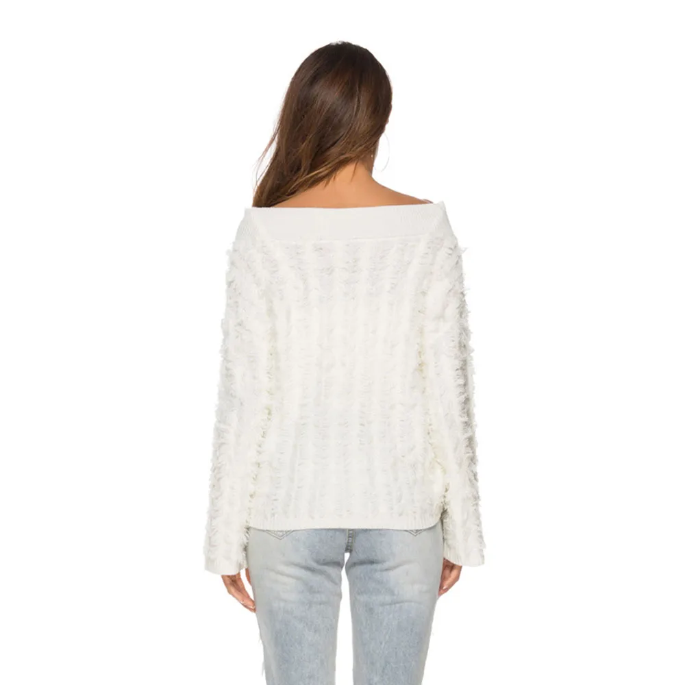 Autumn Winter Sweater Women 2019 Casual Solid Off Shoulder Oversized Tassel Loose V Neck Warm Pullover Knitted Sweaters | Женская одежда