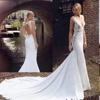 sexy mermaid wedding dress open back 2021 sleeveless bridal gown lace appliques custom made sweep train elegant robe de mariage