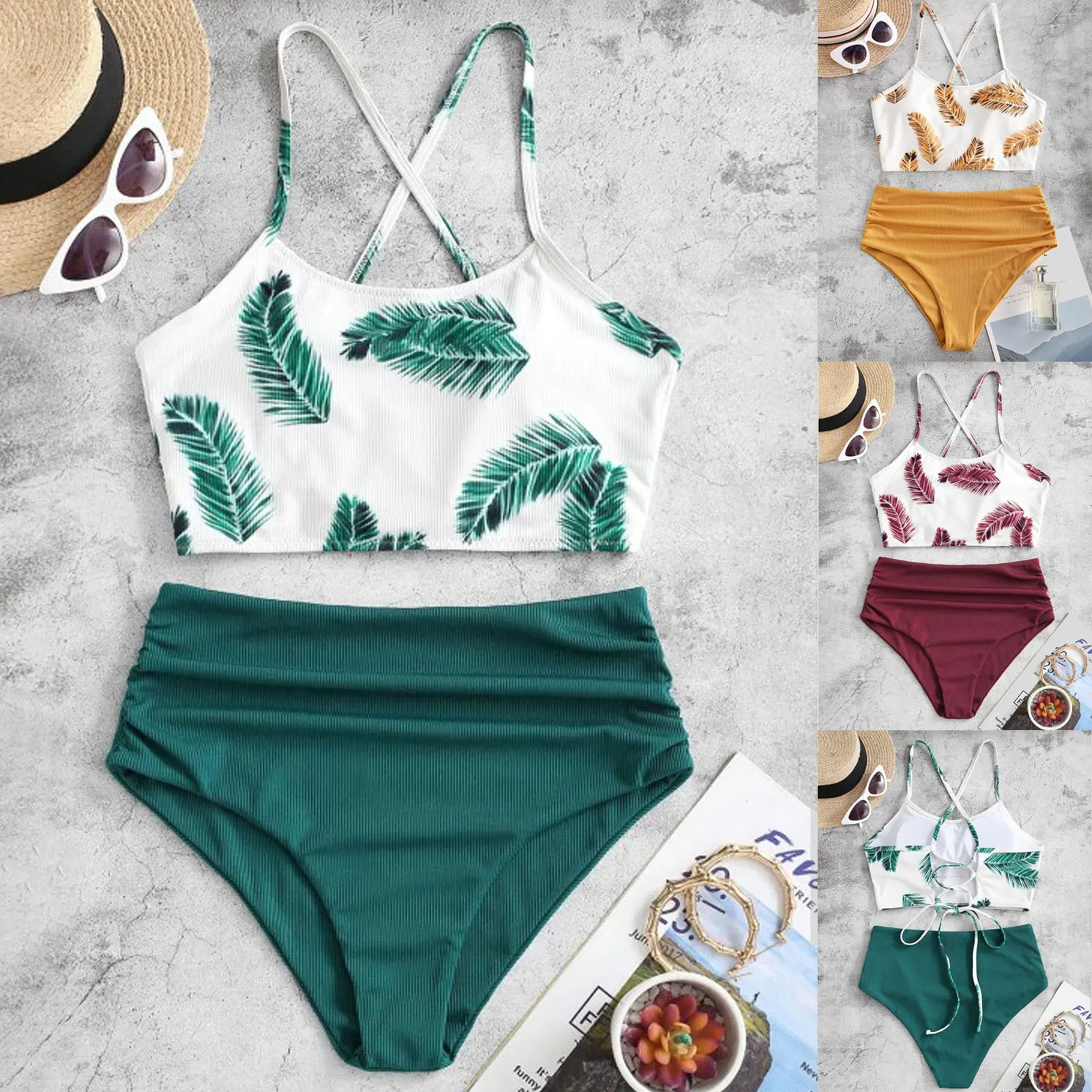 

Leaves Printed Bikini Set Sexy Swimwear Women 2021 Mujer Push Up Padded Biquini Bathers Bandage Bathing Suit Brazilian Swimsuit