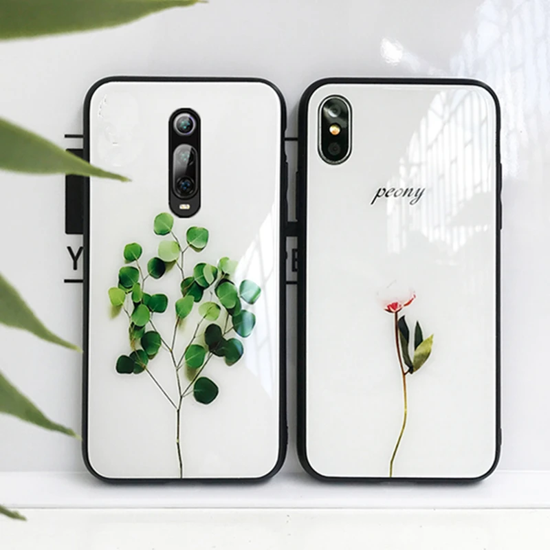 Чехол из закаленного стекла для Oneplus 7 Pro 6 простой глянцевый зеленый пион Твердый