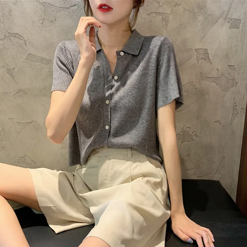 

Women T-Shirts Crop Top Female Polo Shirts Summer Short Sleeve T Shirts Solid Color Knitted Tops Female Crop Top Ladies Shirt