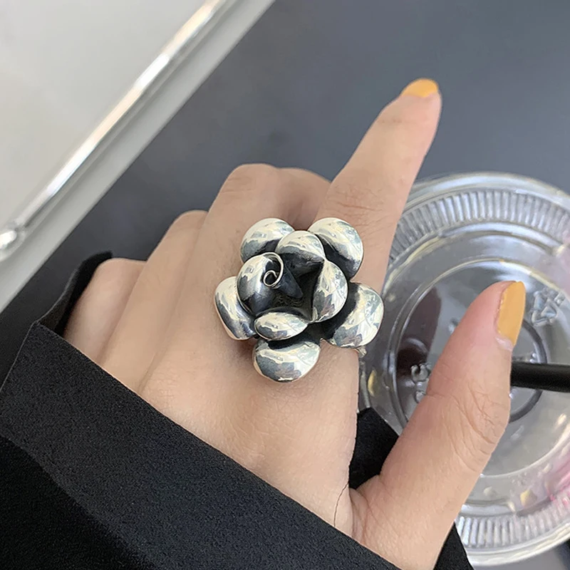 

925 Sterling Silver Engagement Rings Fashion Exaggeration Flower Vintage Punk Party Aesthetic Adjustable Jewelry Gifts for Women