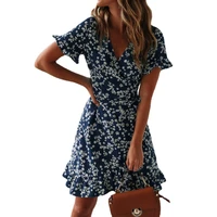 2021 summer womens new printed casual dress short sleeved bohemian a line skirt flare sleeve above kneemini