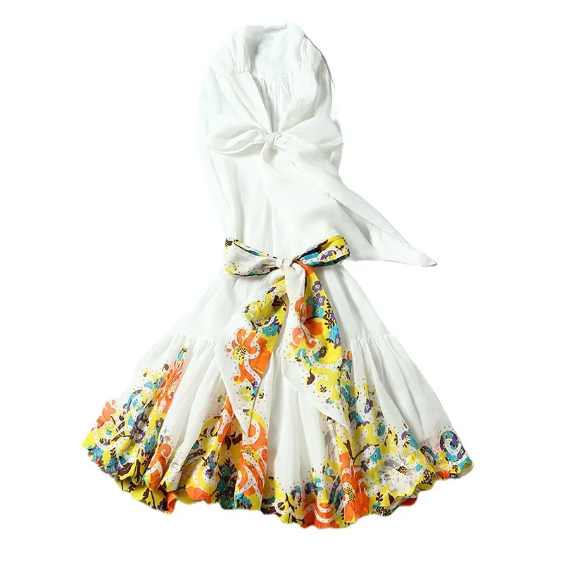 

2021 Summer sleeveless small fragrance white midi skirt printed mid-waist skirt Sydney temperamental lace dress