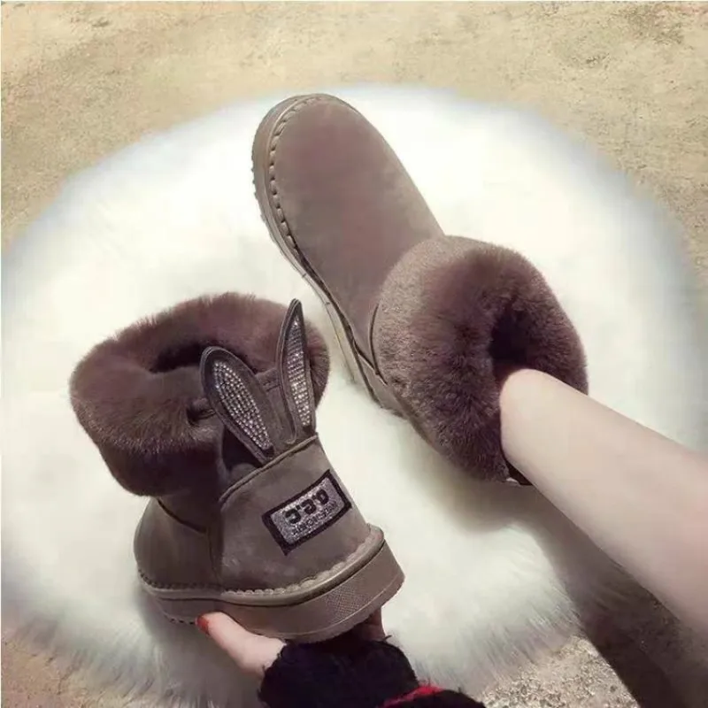 

2021 New Ankle Boots Women Suede Rabbit Winter Fur Warm Shoes Woman Snow Boots Female Plush Lining Ladies Warm Platform Booties