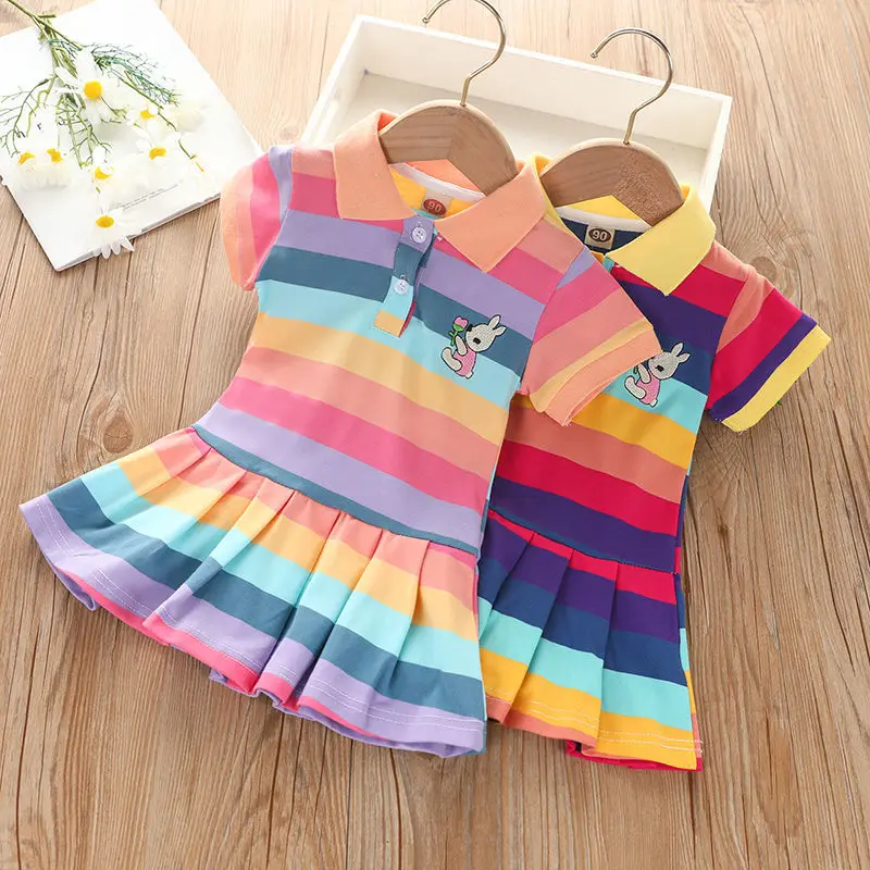 

2021 Girls Polo Dresses Summer Fashion Dress Little Girls Striped Rainbow Short Sleeve Baby Girls Cotton Casual Skirt