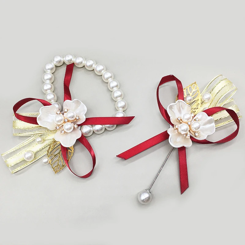 

New Imitation Pearls Corsage Bracelet Fabric Hand Flowers Fashion Girls Bridesmaid Wrist Flowers Wedding Party Accessories