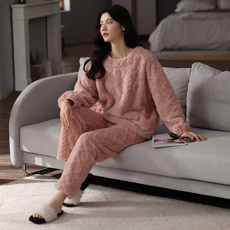 

Pajamas Women Winter Coral Fleece Sleepwear Trouser Suits Thick Warm Flannel Long Sleeve Nightwear Loungewear Loose Pijamas Set