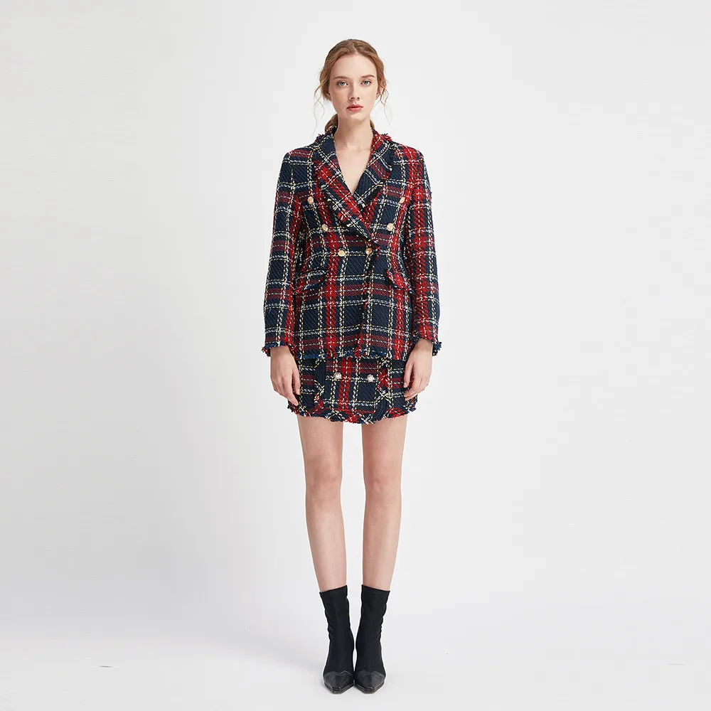 

fashion Women Vintage Long Sleeve Female Outerwear Chic Tops Women 2021 Fashion Double Breasted Frayed Check Tweed Blazers Coat