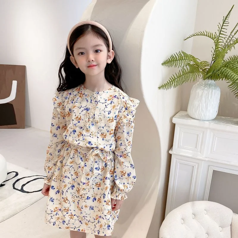 

Платье для девочек осень-зима 2021 темпераментное кружевное платье с цветочным принтом для девочек летающее платье с длинным рукавом