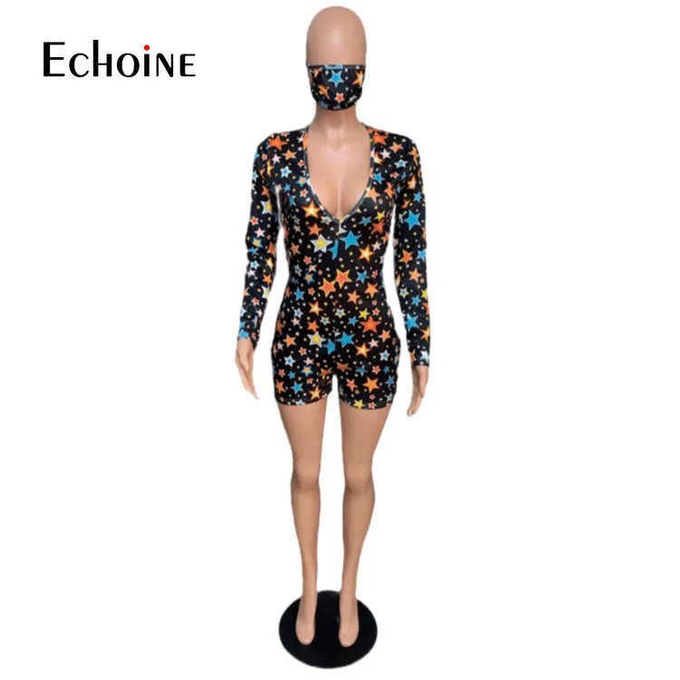 

Echoine 2020 Star Print with Mask Women Short Jumpsuits Rompers Playsuits Full Sleeve Sexy Night Club Party One Piece Outfits