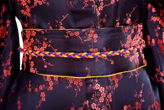 Черное Красное японское женское традиционное кимоно с Obi винтажное вечернее