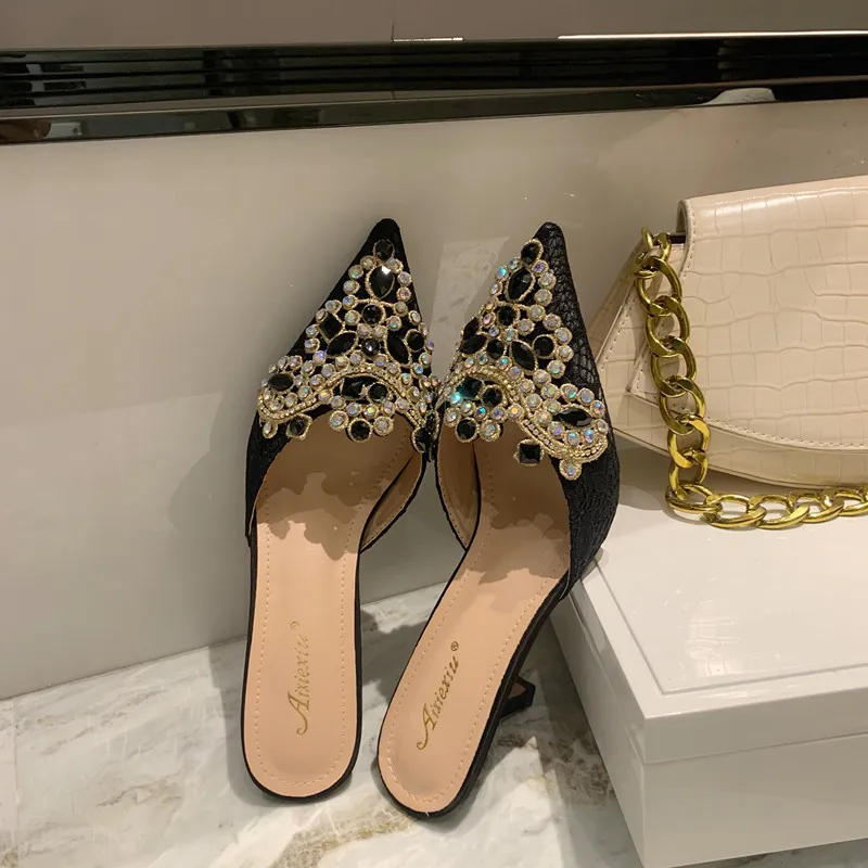 

Женские босоножки с ремешком на пятке, туфли-лодочки с острым носком и пряжкой с кристаллами, обувь на тонком высоком каблуке, 2022
