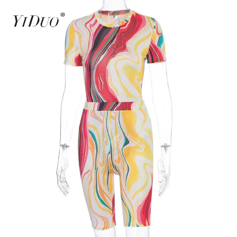 

YiDuo 2020 Tie-Dye Print Bodycon Short Sleeve Rompers Jumpsuit Summer Women Casual Outfits Tracksuit Skinny Playsuit Overalls