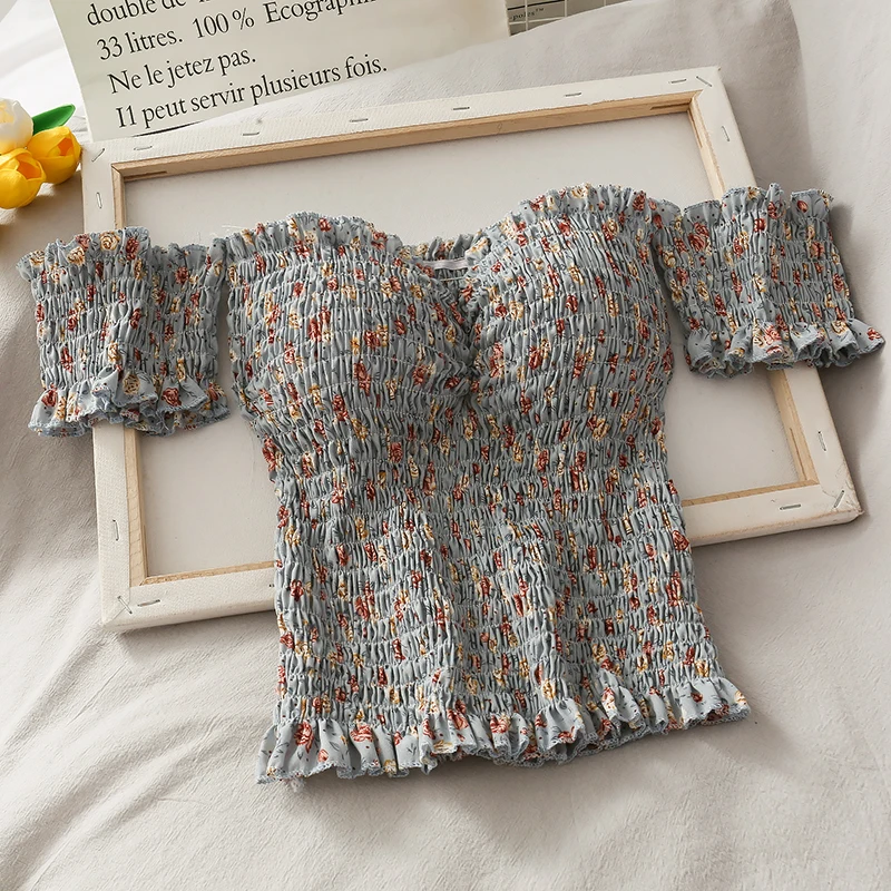 

6 Colors Print Stretchy Flower Shirt Summer Sweet Ruffles Slash Neck Cropped Blouses With Pads Women Padding Crop Tops For Girls