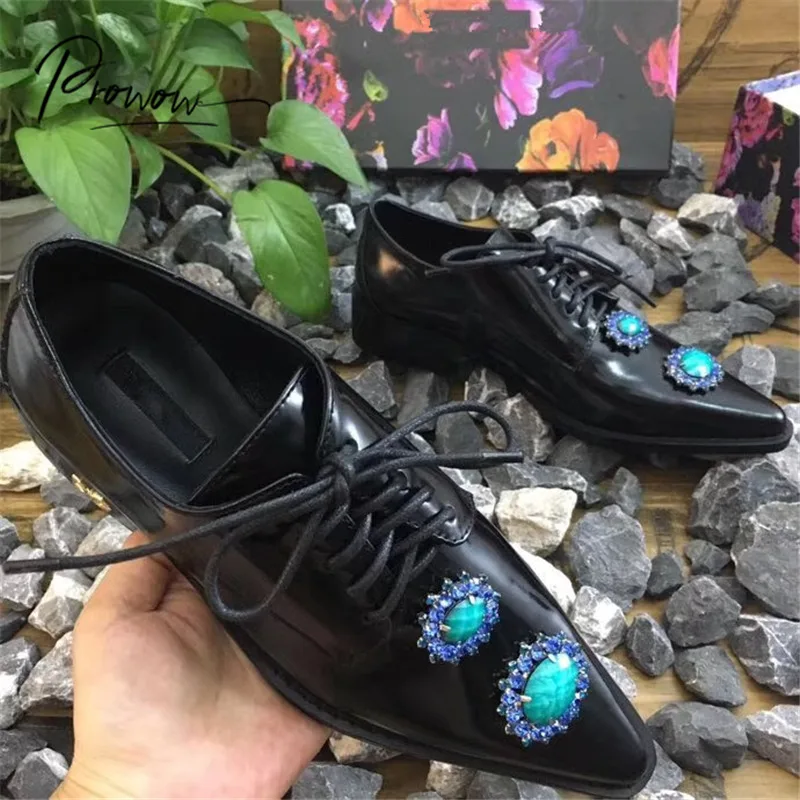 

Prowow New Style Black Crystal Women Flat Shoes Sexy Pointed Toe Genuine Leather Lace Up Women Shoes Cool Shoes Women