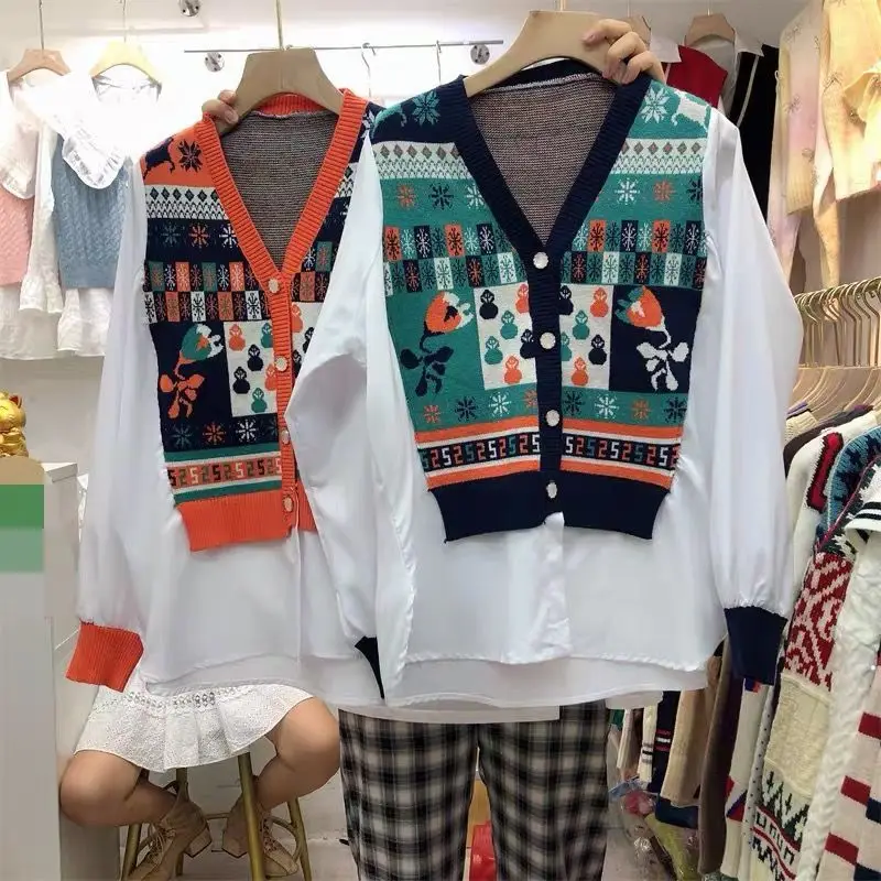 

New fall loose shirt sewn two false v mango neck long female cardigan top