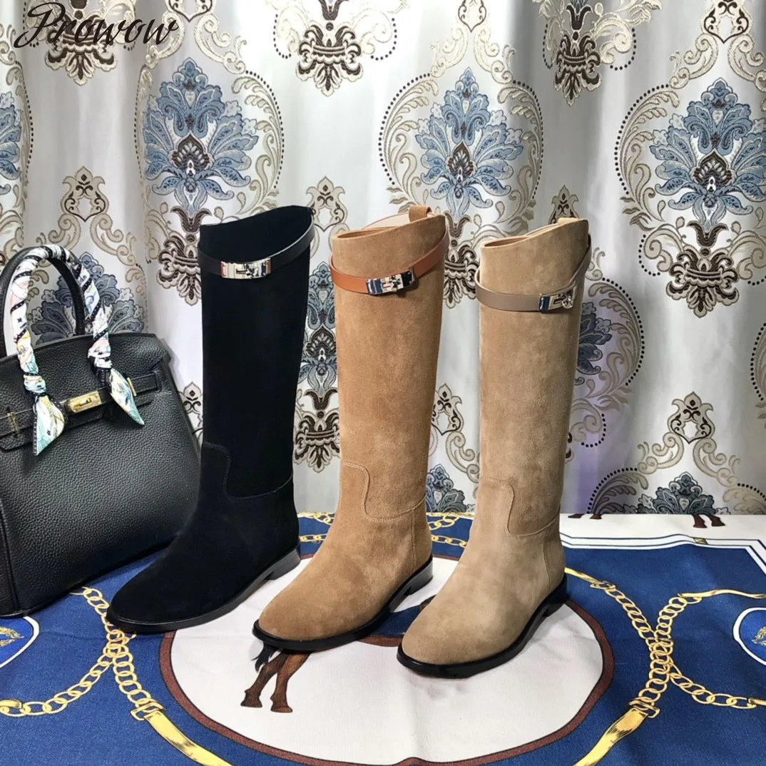 

Prowow Long Boots Women Winter New Natural Kid Suede Knee-High Boots Metal Decoration Slip-on Designer Shoes Size34-42